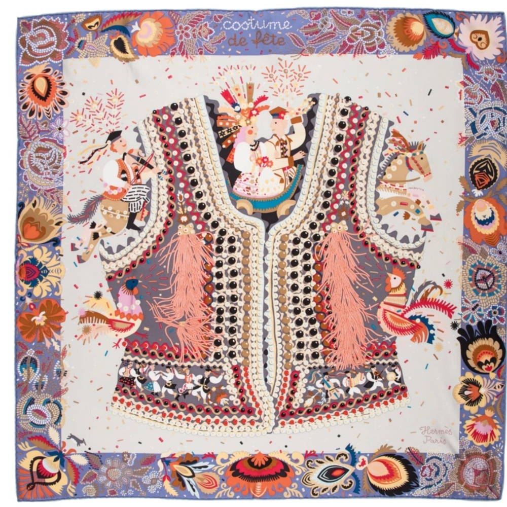 Hermes Colorful Embroidered Vest Print Scarf - Multicolor 90 X 90